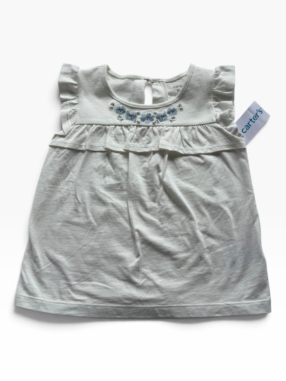 Carter's White Top with Blue Floral Embroidery and Ruffle